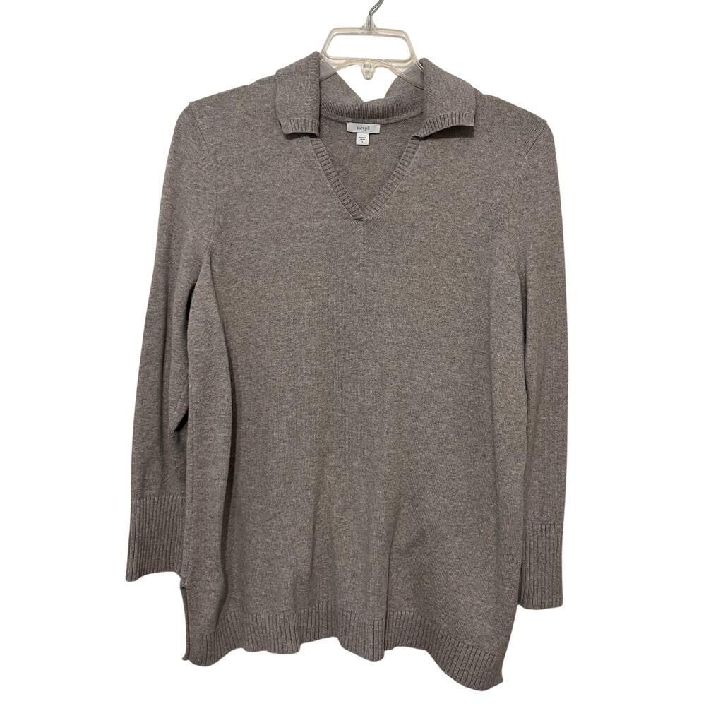 J. Jill Pure Jill Sweater Women Large Gray Polo Collar Preppy Knit Quiet Luxury